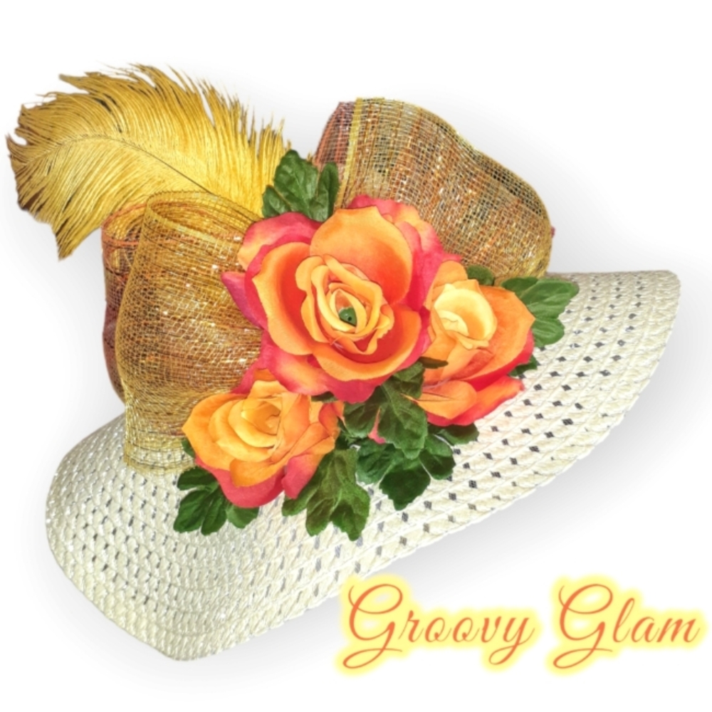 GROOVY GLAM Tropicana Sunset Roses Handmade Original Kentucky Derby Fancy Hat